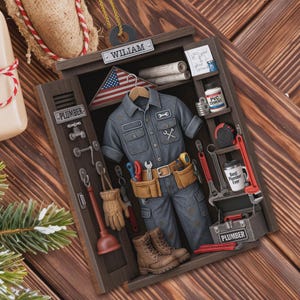 May include: A decorative wooden ornament shaped like a toolbox, featuring a miniature plumber's uniform, tools, and an American flag. The ornament includes the name "WILLIAM" and the text "Best Plumber Ever" on a mug.