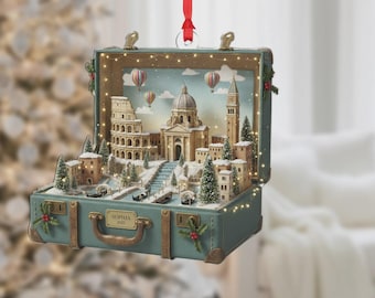 Italian City Suitcase Ornament, Miniature Venice & Rome Christmas Village Scene, Italian Ornament for Travelers,Europe Travel Vacation Decor