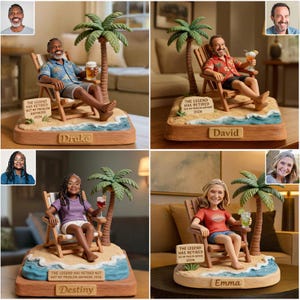 Puede incluir: Figura de jubilación personalizada que representa a una persona relajándose en una silla de playa bajo una palmera. La base incluye el texto "THE LEGEND HAS RETIRED NOT MY PROBLEM ANYMORE 2026" y un nombre. Un regalo de jubilación único.