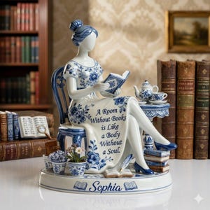 Pode incluir: Estatueta de porcelana de uma mulher lendo, adornada com padrões florais azuis. A estatueta apresenta uma citação sobre livros e se chama "Sophia". Inclui uma pequena mesa com um conjunto de chá e uma pilha de livros.