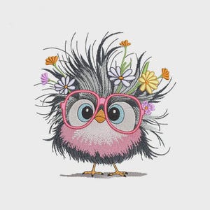 May include: Embroidered design of a whimsical bird wearing pink glasses and a floral crown. The bird has gray and black feathers, a pink chest, and blue eyes. Daisies, orange and yellow flowers adorn its head.