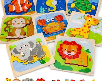 8 Pack Wooden Puzzles for Toddlers, 4 Animal & 4 Vehicle Shapes, Early Learning Toys for Toddlers