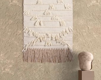 Ivory Hand Woven Wool Wall Hanging Boho Rustic Fringe Home Decor