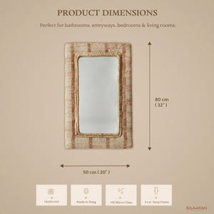 May include: A rectangular wall mirror with a handwoven, textured frame featuring a tan and brown striped pattern. The mirror measures 80 cm in height and 50 cm in width, with a 4 cm deep frame. The text reads PRODUCT DIMENSIONS.