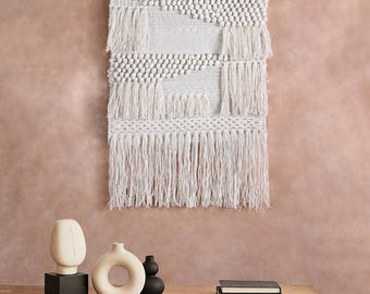 Handwoven Ivory Wall Hanging, Boho Textured Tapestry, Farmhouse Decor