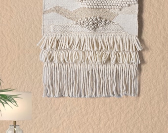 Ivory Wool Wall Hanging, Handwoven Textured Boho Fiber Art, Neutral Modern Tapestry