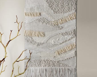 Handwoven Ivory Wool Wall Hanging, Textured Boho Fiber Art, Neutral Modern