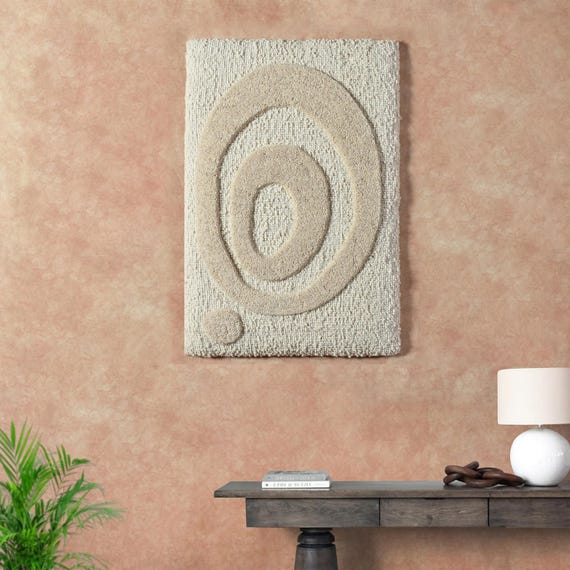 Abstract Ivory Beige Tufted Wall Art, Handmade Textured Wool Panel, Modern Neutral Decor