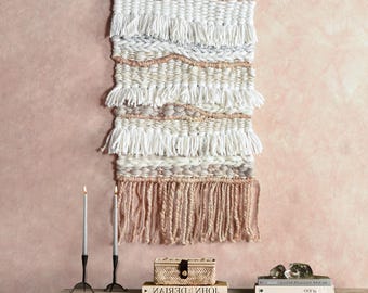 Handwoven Boho Wall Hanging, Textured Wool Cotton Tapestry, Neutral Rustic Decor