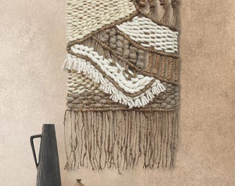Handwoven Jute Wool Wall Hanging, Textured Boho Tapestry, Rustic Fiber Decor