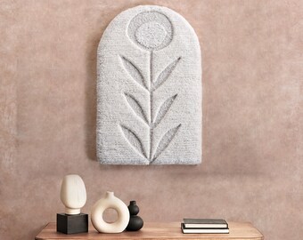Handwoven Ivory Wool Wall Art, Floral Tufted Panel, Modern Boho Minimal Decor