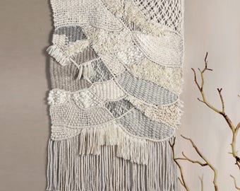 Ivory Grey Hand Knitted Wool Wall Hanging, Boho Textured Tapestry Decor