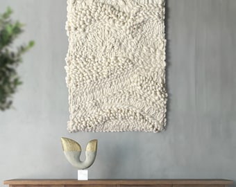 Handmade Ivory Wool Wall Hanging, Textured Boho Fiber Art, Neutral Farmhouse Decor