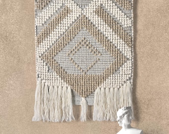 Ivory Beige Boho Wall Hanging Handwoven Wool Diamond Decor