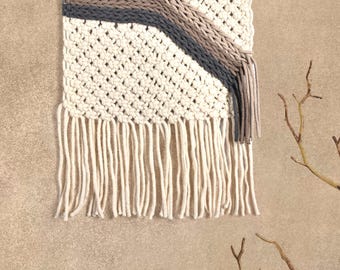 Ivory Beige Grey Hand Knitted Wall Hanging, Boho Textured Wool Cotton Tapestry