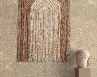 Ivory Brown Hand Knitted Wall Hanging, Boho Macrame Fringe Tapestry, Neutral Fiber Decor