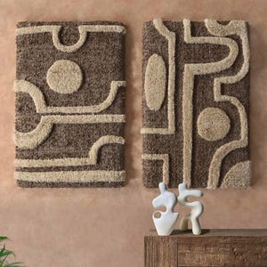 Brown & Beige Hand Woven Over Tufted Wool | Modern Geometric Fiber Art | Handmade Neutral Wall Rug for Living Room | OKKATO – KAIPI Wall Art