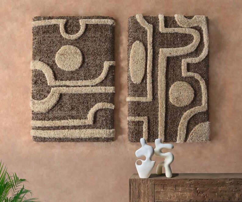 Brown & Beige Hand Woven Over Tufted Wool | Modern Geometric Fiber Art | Handmade Neutral Wall Rug for Living Room | OKKATO – KAIPI Wall Art