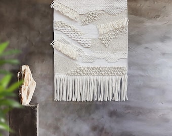 Handwoven Ivory Wool Wall Hanging, Textured Boho Tapestry, Neutral Fiber Decor