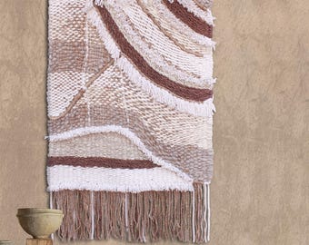 Handwoven Jute Wool Wall Hanging, Abstract Boho Tapestry, Textured Neutral Decor