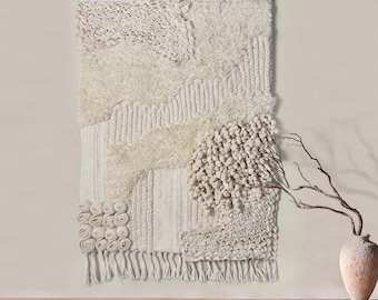 Ivory Wool Wall Hanging, Handmade Textured Boho Tapestry, Scandinavian Neutral Fiber Decor