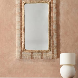 Handwoven Wool Wall Mirror | Ivory & Brown Cotton Denim Frame | Modern Boho Rustic Decor | Unique Handmade Statement Mirror for Living Room