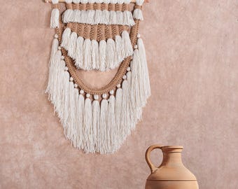 Handwoven Wool Jute Wall Hanging, Boho Farmhouse Tapestry Decor