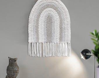 Ivory Hand Knitted Wool Wall Hanging, Rainbow Boho Tapestry, Neutral Cozy Decor