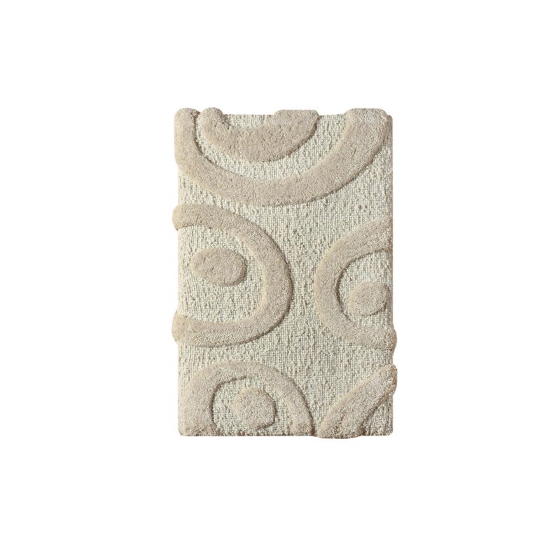 May include: Rectangular beige bath mat with a textured surface and raised, light beige, abstract circular patterns. The mat is designed for bathroom use and adds a touch of modern style.