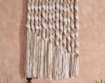 Handwoven Jute Wool Wall Hanging, Boho Macrame Tapestry, Textured Fringe Decor
