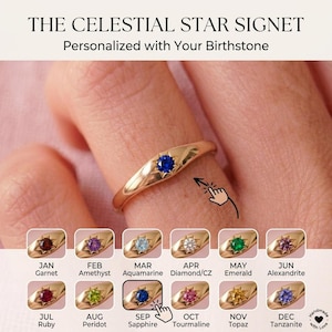 Custom Birthstone Star Ring, Personalized Family Ring, Gold Plated Stackable Ring, Starburst Jewelry, Mom Gift, Anniversary Gift for her