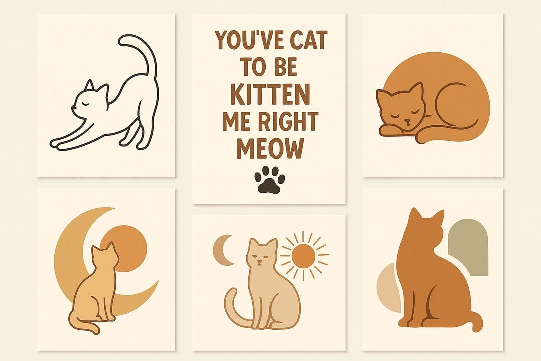 Minimalist Cat Wall Art Set | Cute Cat Illustrations | Boho Cat Decor ...