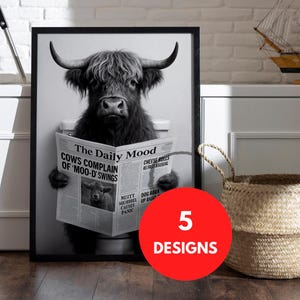 Highland Cows Print Bathroom Decor Wall Art Digital Download Black White Farmhouse Style Bathroom Design Spa Decor Modern Rustic Wall Art