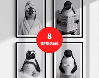 Grappige pinguïn badkamer muurkunst prints badkamer decor kunst aan de muur badkamer kunst aan de muur grappige badkamer prints grappige kunst toilet pinguïn print