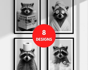 May include: Four framed black and white prints featuring raccoons in various humorous scenarios. One raccoon reads a newspaper, another wears a spa towel and cucumber slices, a third has a toilet paper hat, and the last is in a bubble bath.