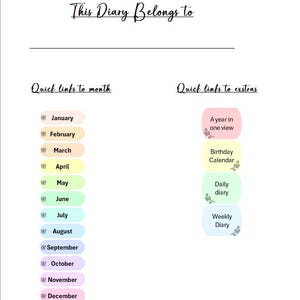 Può includere: Una pagina di diario bianca con il titolo "This Diary Belongs to" in elegante scrittura. Presenta collegamenti rapidi ai mesi ed extra, tra cui una vista annuale, un calendario dei compleanni e opzioni di diario giornaliero e settimanale.