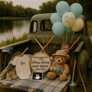 Fishing Buddy Pregnancy Announcement,Little Fisherman Baby Announcement,Social Media Reveal,Editable Template,Fishing Baby Reveal Editable