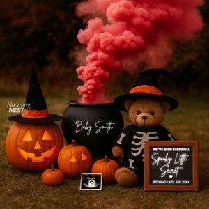 Faire-part Halloween fille révélant le sexe, faire-part bébé fille effrayante, chaudron sorcière, fille révélant une publication magique sur les réseaux sociaux pour Halloween
