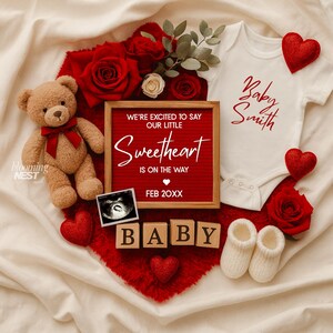 Valentine&#39;s Day Pregnancy Announcement: Gender Neutral Baby Reveal (Canva Template Digital Download)