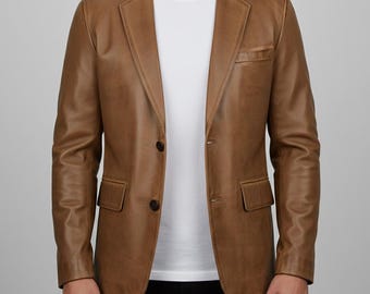 Mens Tan Leather Blazer – Genuine Leather Coat | Smart Casual & Formal Wear