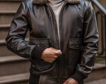 Chaqueta de cuero marrón oscuro con cuello de piel / Chaqueta bomber para hombre