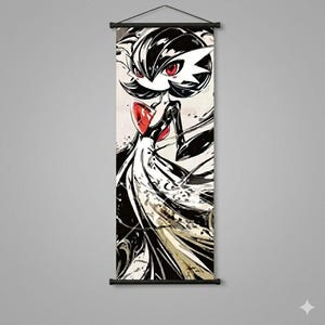 May include: A vertical wall scroll featuring a black and white illustration of a Gardevoir character with red eyes and a red heart-shaped accent. The artwork has a watercolor style with black ink strokes and a flowing white dress.