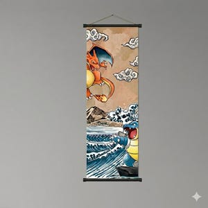 May include: A vertical wall scroll featuring a vibrant illustration of two popular characters. The top character is orange with blue wings, and the bottom character is blue and yellow. The background includes clouds, mountains, and ocean waves.