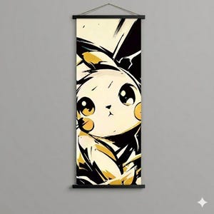 May include: A vertical wall hanging featuring a stylized illustration of Pikachu. The artwork uses a palette of black, yellow, and cream colors. The image is mounted on a black wooden frame with a hanging cord.