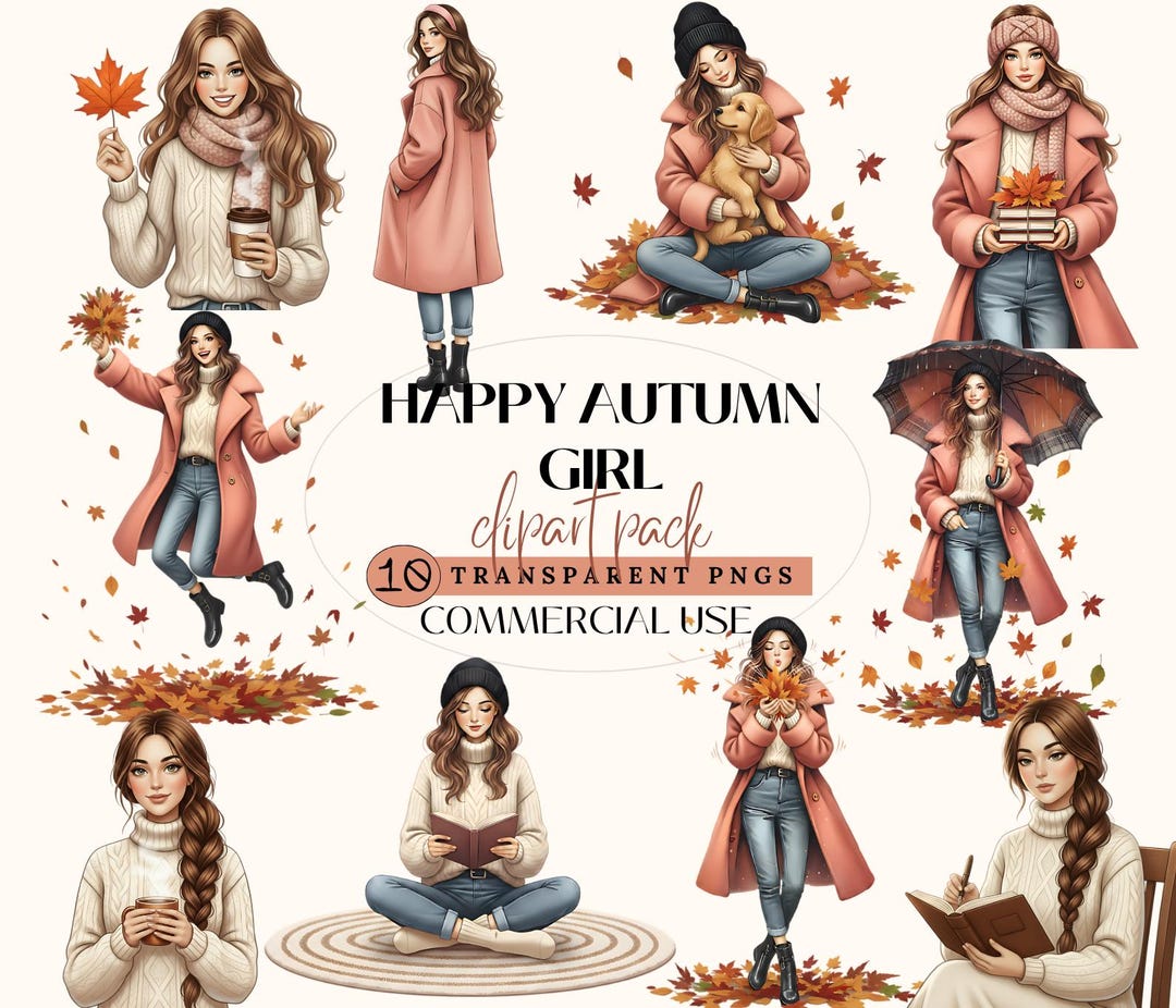 Autumn Girl Clipart Set | Fall PNG Images Bundle | Watercolor Graphics ...