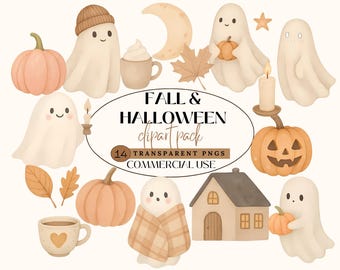Fall and Halloween Clipart | Cute Ghost PNGs | Cozy Pumpkin, Autumn Mug, Cottage Illustrations | Fall Aesthetic PNG Bundle | Commercial Use