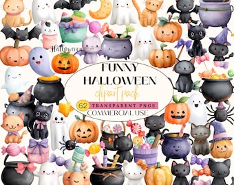 Kawaii Halloween Clipart Bundle: Cats, Ghosts, Pumpkins (PNG Digital Download)