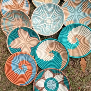 Woven Wall Basket, African Decorative Basket, Turquoise Basket, Woven Bowl Centerpiece