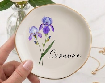 Plato personalizado con flor de nacimiento, plato para anillos con acuarela, plato para joyas de cumpleaños, regalo para dama de honor de boda, regalos de Navidad