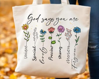 God Says You Are Zippered Tote Bag, Christian Floral Faith Design, Inspirational Canvas Shoulder Bag